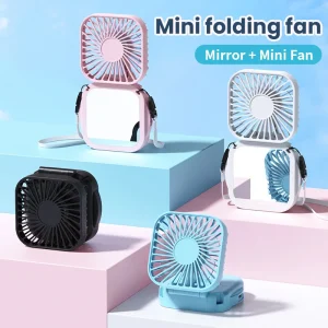 Hanging Neck Mini Fan LOGO Customization Cooling Small Fan Foldable Portable USB Rechargeable Handheld Fan with Makeup Mirror